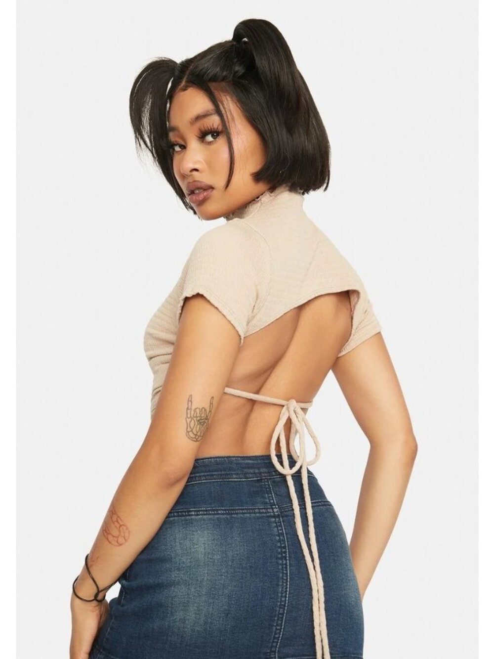 Bailey Rose Crop Top Small Shirred Mock Neck Short Sleeve Open Tie Back Neutral